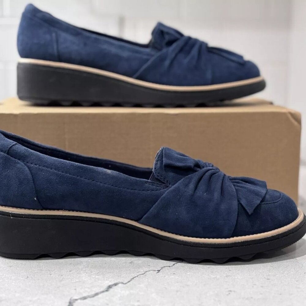 Clarks Sharon Dasher Womens Suede Loafers Slip on Wedge - Navy Blue - Size 10W